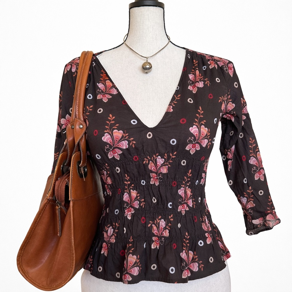 Brown Floral Boho Cottagecore V-Neck Blouse Top | Smocked Waist | Size Small